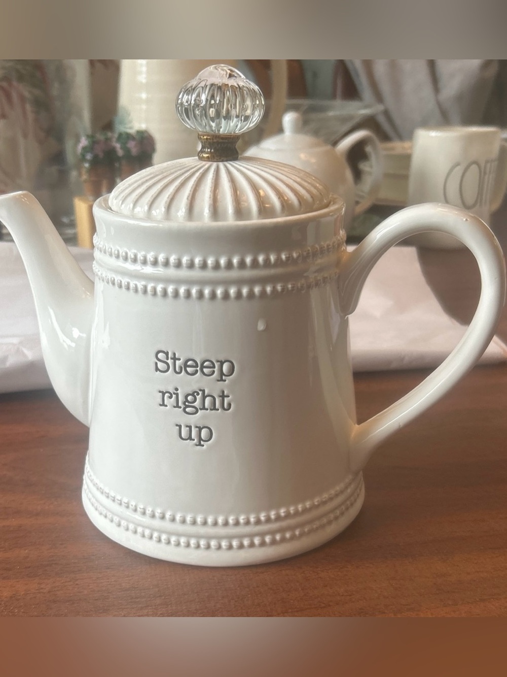 Mud pie Tea Pot "Steep right up" Farmhouse Door knob Collection White ~NWOT